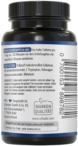 Vihado Melatonin Tabletten hochdosiert - 370 Nächte FORTE Komplex vegan - Rein ohne Zusätze - Plus L-Theanin, L-Tryptophan, Ashwagandha, 185 Tabletten,Melatonin,1