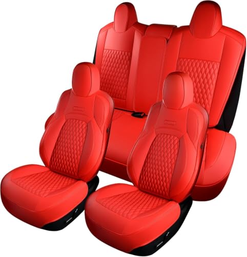 Image of Coverado Red Car Seat Covers Compatible with 2017-2023 Tesla Model 3, Waterproof Full Set 5 Seats, Leatherette Car Seat Covers and Back Car Seat Cushion, Custom for Tesla Model 3