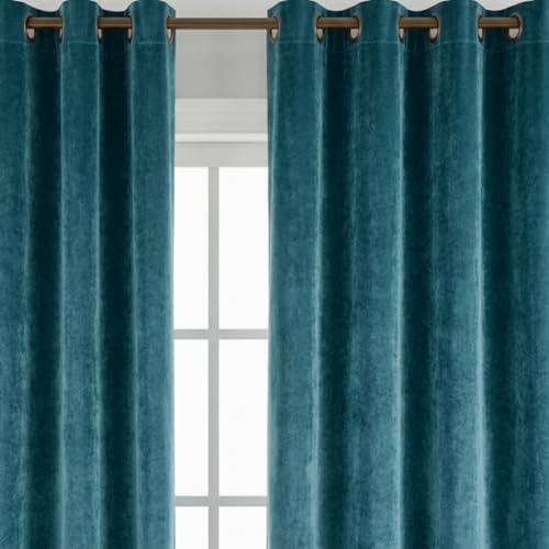 Image of Amazon Brand - Solimo Velvet Curtain Set of 2 (52x108 Inch) Plain Door & Window Curtains for Living Room & Bedroom |75% Light Blocking, Eyelet Curtains for Home Decor in Teal Color (4 feet x 9 feet)