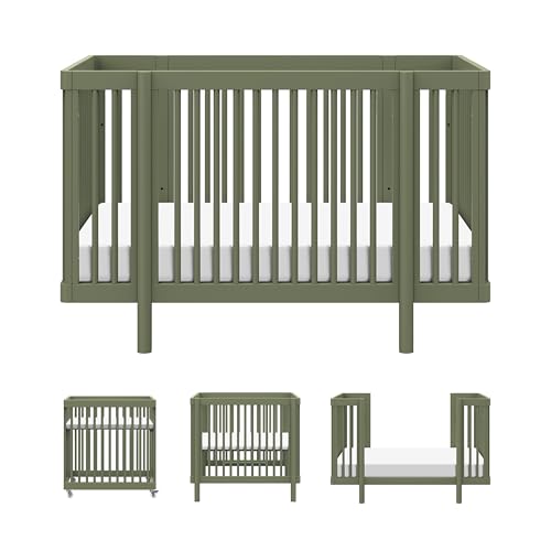 Image of Babyletto Pogo Convertible All-Stages Bassinet, Midi, Full-Size Crib in Olive Green, GREENGUARD Gold Certified, Portable & Adjustable with Conversion Kits and Pads Included