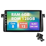 6+128G 9-inch Android 12 Double Din Car Stereo for BMW E46/M3/318/320/325/Rover 75/MG ZT Touchscreen Screen QLED Car Radio with Carplay Android Auto Steering Wheel Support Backup Camera GPS Navi