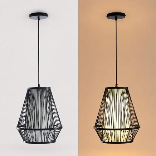 Image of Boho Pendant Light, Bamboo 12 inch Basket Hanging Light | Adjustable Height, Ceiling Light Fixture for Kitchen Islands, Dining Rooms, Bedrooms, Entryways, E26 Base