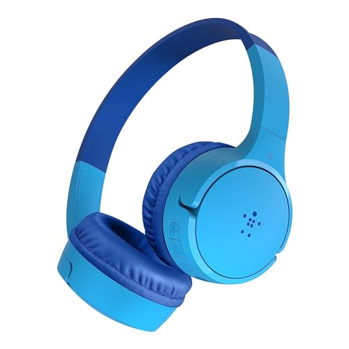 Belkin Wireless On-Ear Kids Headphones with Mic, Safe Sound Limit, 30 Hours Playtime, 30 Feet Wireless Bluetooth Range – Blue