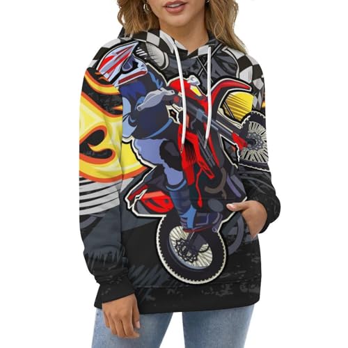 Sweatshirt pull imprimé moto de feu avec capuche et manches longues