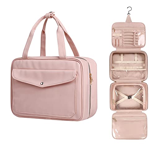 Cyiecweu necessär dam, necessär att hänga på väggen, bärbar reseväska, vattentät sminkväska med massor av tillbehör, vikbar sminkförvaring, rosa, ROSA