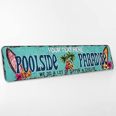 Poolside Paradise Personalized Pool Sign Outdoor Pool Decorations Poolhouse Décor Metal Pool Signs Tiki Décor 4x18 104182002007 Cover