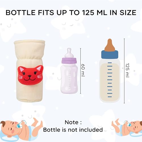 Image of Soft Plush Stretchable Baby Feeding Bottle Cover Easy to Hold Strap with Cute Animated Cartoon| Suitable for 60-125 Ml Feeding Bottle (Cream-Green)