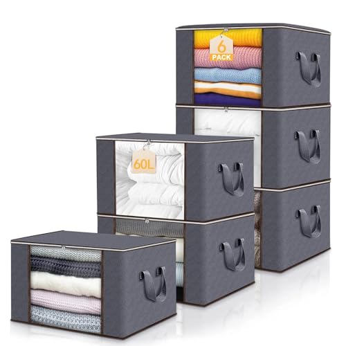 Zikenis 6 Stück 60L Aufbewahrungstasche,Aufbewahrungsbox mit Deckel,Faltbare Kleideraufbewahrung Umzugskartons mit Verstärkt Griff, Kleiderschrank Organizer,für Kleidung Bettdecken und Bettwäsche,Grau