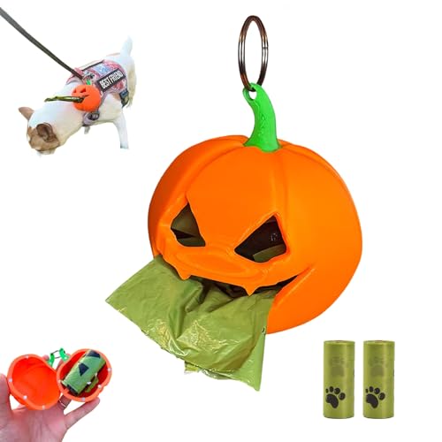 Halloween Dog Poop Bag Holder – Pumpkin Poop Bag Dispenser with 2 Rolls, Halloween Pumpkin Dog PoopBag Holder 3D Printed, Doggy PoopBagsHolders Attach to Any Leashes for Walking Outdoor Use (1PCS)