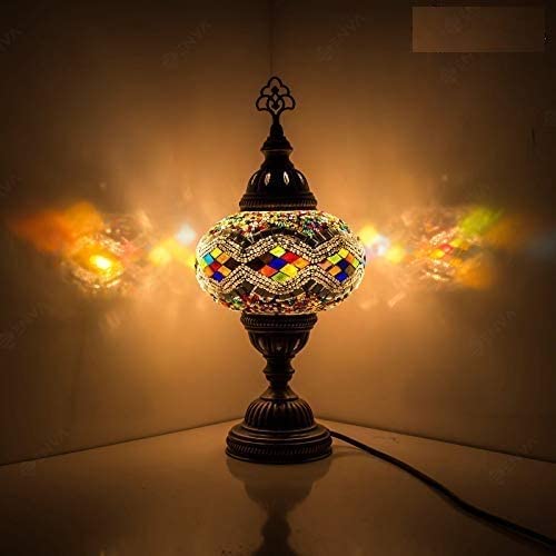 ENVA Turkish Moroccan Style Mosaic Multicoloured Desk Table Lamp, Bronze Base, Unique Light Large Globe (3014)