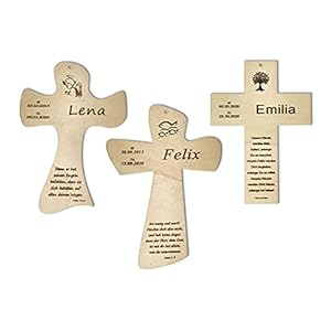 Taufkreuz mit Taufspruch personalisiert,Namen,Datum,Kinderkreuz aus Holz, individuelles Geschenk zur Geburt und Taufe für Jungen, Mädchen, Patenkind, Gravur Baum, Schutzengel, Fisch, Taube uvm.