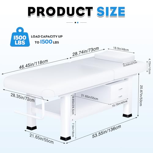 Stationary Massage Table with Memory Foam, Massage TattooTable with Adjustable Height, Facial Bed for Esthetician, PU Leather, Shelf for Physical Therapy & Spa (WOOD & Metal/ Wh, 76''L x 30''W) - Image 4