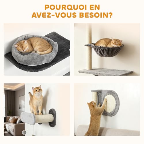 PawHut Wandregale für Katzen, 5- teilig, Möbelset, Wandkratzbaum, mit 2 Katzenhöhlen, Hängematte, Plattformen, Sisalkratzbretter für Hauskätzchen bis 5 kg, grau-6