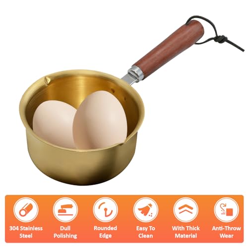 Golden Mini Butter Warmer & Mini Sauce Pan 300ml, 2-Pack with Wooden Handles – Perfect for Induction, Gas & Electric Stoves, Melting Butter, Chocolate, Heating Milk, Oil, Frying Eggs by ecanna - Image 3