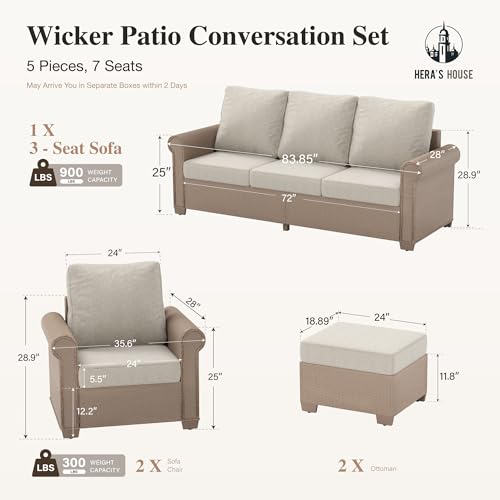 Image of HERA'S HOUSE Patio Furniture Set, 4 x Cushioned Chairs, 3-Seat Sofa with Wood Grain Coffee Table, 5 Seats Luxury Windsor Style All Weahter Outdoor Sofa Conversation Set for Deck Lawn Backyard