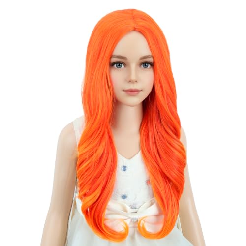 Image of PATTNIUM Kids Girls Flame Fire Wig Long Wavy Curly Orange Wig Orange Ombre Long Wigs Cosplay Costume Synthetic Wigs