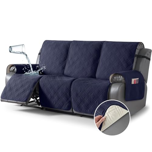 Image of TAOCOCO Waterproof Recliner Sofa Cover, Non Slip Split Recliner Couch Cover with Elastic Straps Pocket, Washable Reclining Sofa Cover Furniture Protector for Kids, Dogs, Pets(3 Seater, Navy Blue)