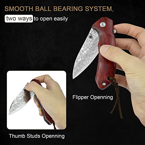 Aubey Damascus Pocket Knife Edc Knife Vg10- Damascus Steel Folding Knife Wooden Handle, One-Handed Damascus Pocket Knife For Men Outdoor Sharp #TOP5