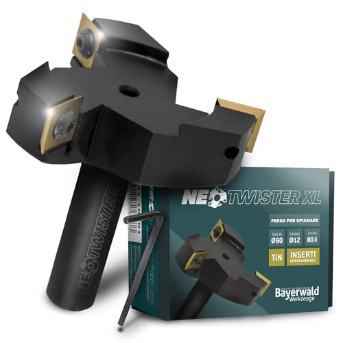 Bayerwald NeoTwister fresa a spianare per legno diametro Ø 60mm/gambo Ø 12mm | Fresa per legno gambo 8mm per legno | Fresa legno professionale | Intercambiabili con rivestimento TiN Coltelli