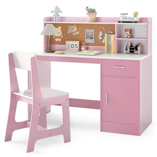 RELAX4LIFE Set Scrivania e Sedia per Bambini, Tavolo da Scrittura in Legno con Sedia, Ripiano, Bacheca, Cassetto, Armadio per Lettura, Disegno, Set di Tavoli da Studio per Bambini (Bianco+Rosa)