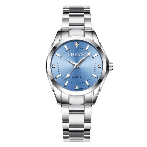 Verhux Watches for Women Silver Ladies Small Wrist Watches Stainless Steel Waterproof Elegant Dress Watches Blue Dial