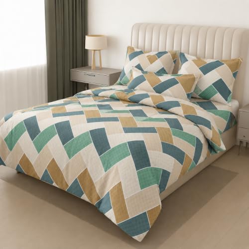 Image of DECOR2ADMIRE 300TC Premium Glace Cotton Printed Super King Size Double Bedsheet with Two Pillow Covers, 108 * 108 Inches or 9ft by 9ft or 275 cm x 275 cm (Calm Grids)