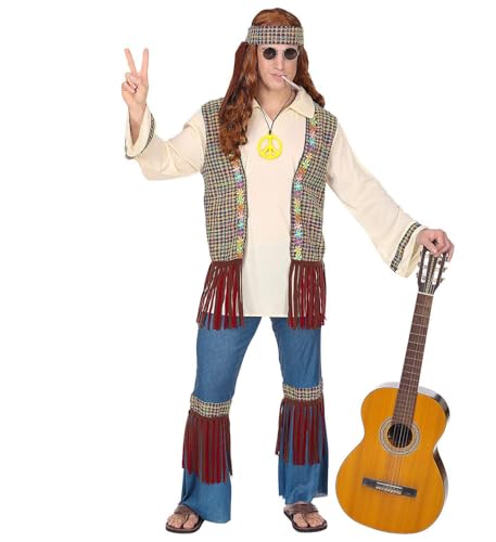 W WIDMANN MILANO Party Fashion - Costume hippie pour homme, chemise avec gilet, pantalon, bandeau, chaîne, Flower Power, Peace, carnaval