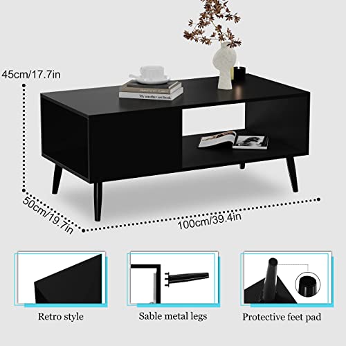 Yusong Modern Wood Coffee Table For Living Room, Retro Mid-Century Center Tables Cocktail Table With Storage Shelf For Reception, Black #TOP4