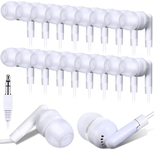 Kanayu 25 Pack Wired Earbuds Bulk for Classroom Ear Headphones Wired Basic Student Earbuds No Microphone with 3.5MM Jack for Class Laptop School Library, Individually Bagged (White)
