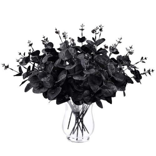 XIMISHOP 18Pcs Halloween Black Eucalyptuses，Artificial Faux Black Eucalyptus Stems Branches for Halloween Party Home Decor Office Table Centerpieces DIY Flower Arrangement