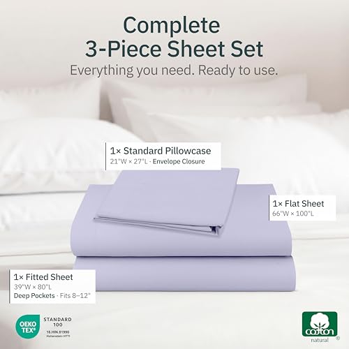 Image of Super Soft 100% Cotton Twin XL Sheets, 3 Pc Set, Lavender | Lightweight & Breathable For Hot Sleepers, All-Around Elastic, Durable, Easy Care, OekoTex Certified