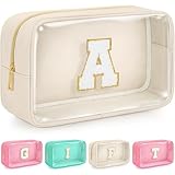 WELIDAY Initial Birthday Gifts Clear Makeup Bag, Preppy Chenille Patch Cosmetic Bag, Birthday Gift Travel Toiletry Pouch, Ideal Gift for Women, Girls, Teachers & Moms (Beige, A)