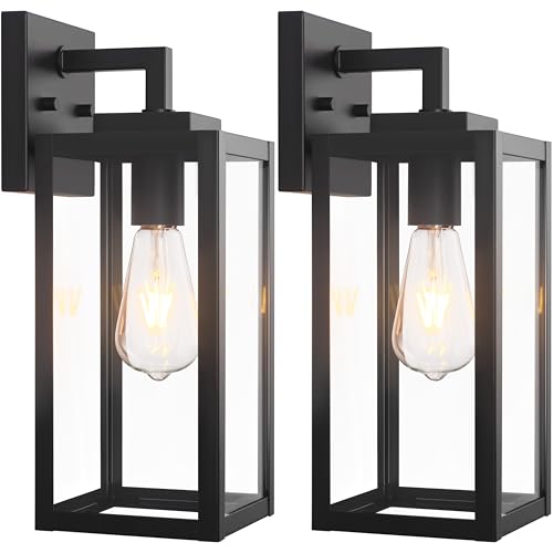 Image of 2-Pack Outdoor Wall Light Fixtures, Black Exterior Waterproof Wall Lanterns, Anti-Rust Porch Lights Outdoor with E26 Socket & Tempered Glass, Modern Outside Lights for House Front Door Patio, 15 Inch