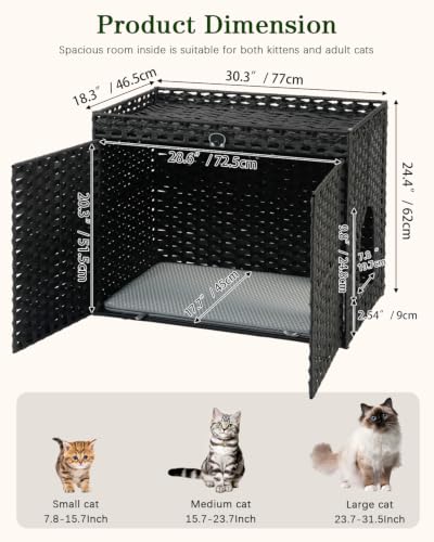 Image of SETVSON Cat Litter Box Enclosure Furniture, Hidden Litter Box, Cat Litter Box Cabinet with 2 Litter Mats, Handwoven Rattan Large Space Cat House, Indoor for Living Room, Bedroom, Apartment Black