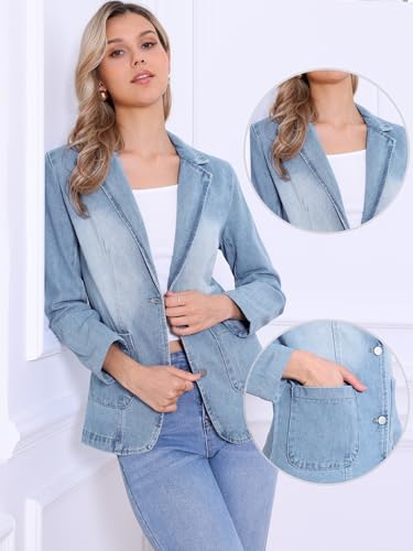 Allegra K Denim Blazer for Women Notched Lapel Long Sleeve Button Up Business Casual Jean Jacket with Pockets2