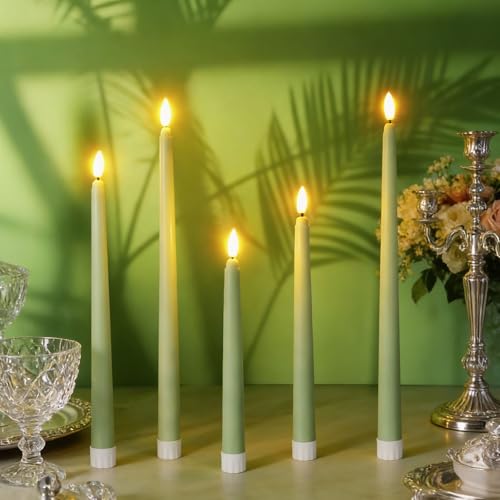 Image of Rossesay 48 Pcs Flameless LED Taper Candles Battery Operated Candles 4 Sizes of 8.5'', 9.65'', 10.83'', 12.8'' Flameless Candlesticks Flickering for Halloween Christmas Church Wedding(Sage Green)