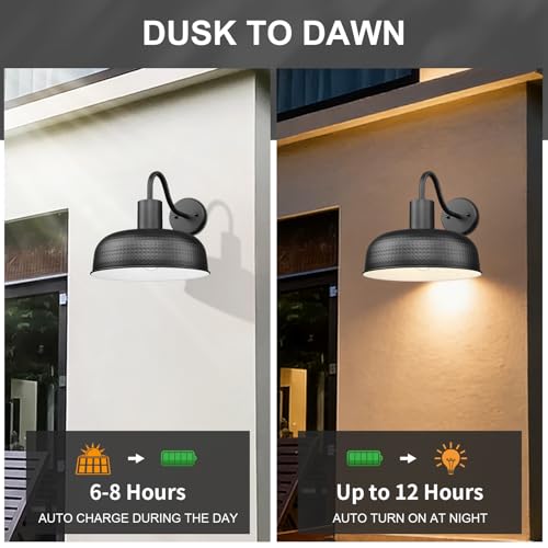 Image of Darkaway Solar Barn Light, Industrial Outdoor Wall Light Dusk to Dawn Wall Sconce Gooseneck Exterior Wall Mount Lighting Fixture with Hammered Dome Metal Shade for House Garage Porch Shed Hallway