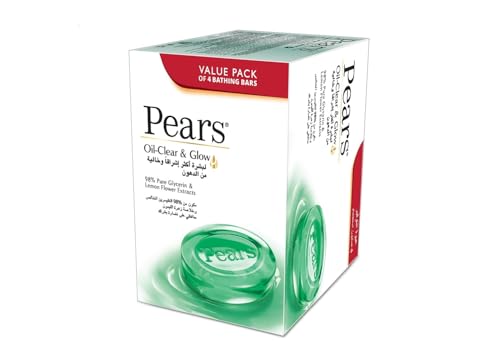 Pears Oil Clear & Glow Bar Soap Super Saver Pack of 4 125g each | 100% Natural Ingredients & Pure Glycerin for Smooth Soft & Glowing Skin | Paraben-Free Moisturising Soap With Mild Fragrance