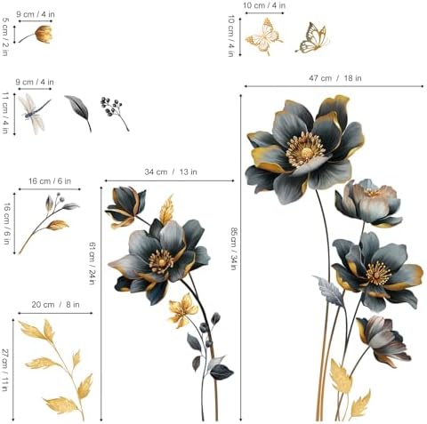 wondever Black Gold Flowers Wall Stickers 3D Floral Butterfly Peel and Stick Wall Art Decals for Living Room Bedroom Sofa TV Background — view 3