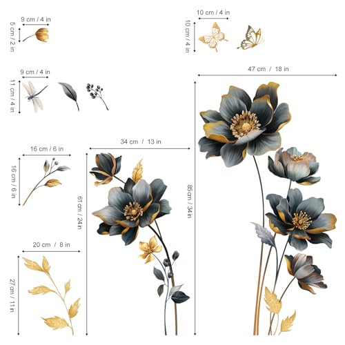 wondever Wandtattoo Blumen Schwarz Goldene Groß Wandaufkleber Blätter Gold Blüten Schmetterling Wandsticker Wanddeko für Wohnzimmer Schlafzimmer Sofa Hintergrund