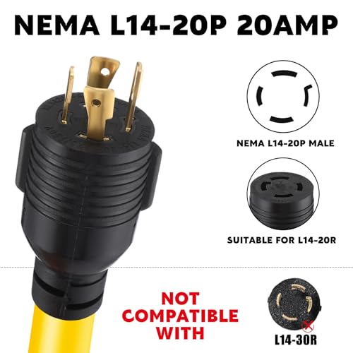Image of Tellegloww NEMA L14-20P to 6-50R 20Amp to 50Amp Welder Adapter Cord 4 Prong Locking Generator to 3 Prong Adapter, STW 10 AWG /3C, 20 Amp 250V 7500 Watt 12 Inch ETL Listed