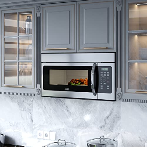 Image of KoolMore 1.6 Cu. Ft. Over the Range Microwave Oven with Oven Lamp and 300CFM Recirculation Vent Hood Function, Auto Cook Menus, Reheat Function, 10 Power Levels, Timer, and Weight Defrost (KM-MOT-1SS)