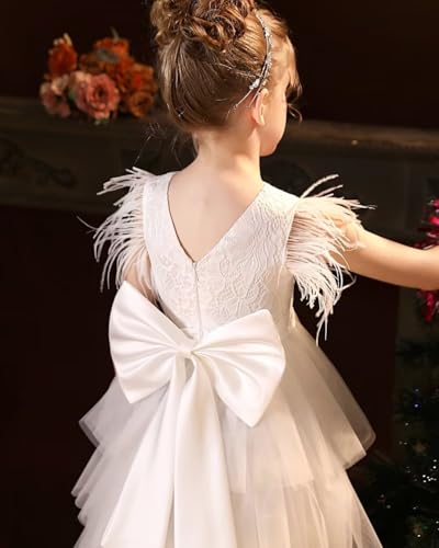Puffy Tulle Flower Girl Dress with Bow Lace Appliques Pageant Dresses for Girls Ostrich Feather First Communion Dress4