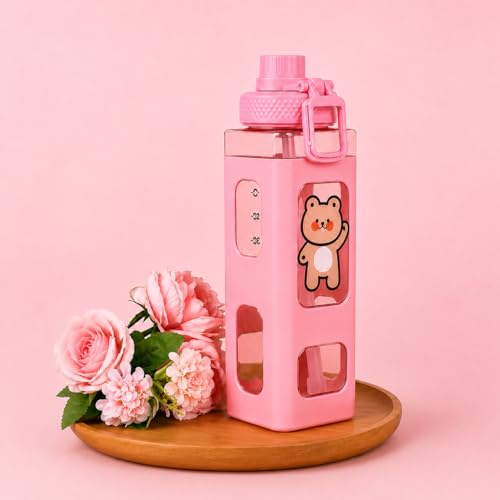 Image of Kawaii Bear Water Bottle with Straw & Stickers - 700ml Cute Square Plastic Drinking Bottle for Girls | Portable Juice /Tea /Sports Bottle | Leak-Proof Pink Bottle (Pack of 1)