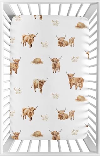 Image of Sweet Jojo Designs Baby Fitted Mini Crib Sheet (Boho Highland Cow) for Girls or Boys, Newborn /Infant Nursery, Play Yards, Portable Cribs (Farm Animal, Bohemian, Watercolor, Rustic Farmhouse, Modern)