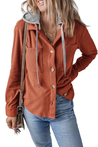 Womens Long Sleeve Button Down Shirt Corduroy Shacket Jacket Casual Fall Solid Short Hooded Coats