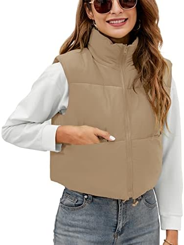 AKEWEI Warm Puffer Vest for Women Cute Cropped Cotton Vests Sleeveless Bomber Jackets Winter Down Jacket Outwear (Khaki,M)