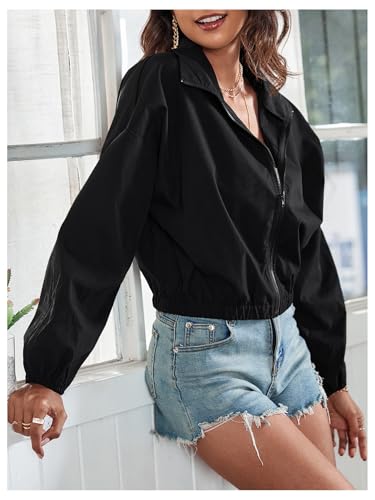 SweatyRocks Women's Zip Up Cropped Windbreaker Jackets Collared Long Sleeve Outerwear Jacket3
