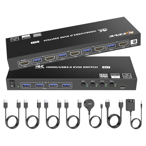 Image of HDMI KVM Switch 4 Computers 1 Monitors 4K@60Hz 2K@120Hz,4 Port KVM Switch with Simulation EDID for 4 PCs Sharing Monitor Keyboard Mouse Hard Drives Printer Wired Remote,Power Adapter Included