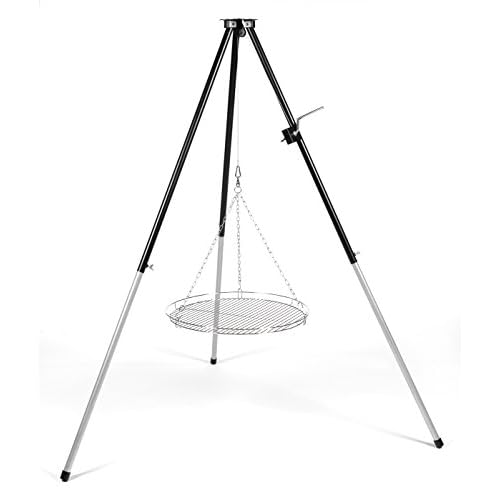 BBQ-Toro Schwenkgrill mit Grillrost Ø 64 cm | Holzkohlegrill mit Feuerschale | Dreibein für Gulaschkessel | Grillrost Ø 54 cm, Grillgestell mit Feuerwanne, Dreibein mit Kurbel, Kohlegrill 7 HeRo24 Schwenker Dreibein -Grillgestell mit Kurbel für Schwenkgrill mit Rost 60 cm verchromt & Wurstzange